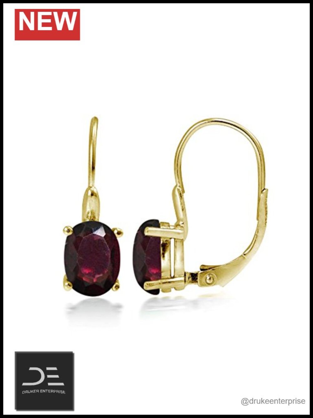 8x6mm Oval Garnet Leverback Earrings Yellow Gold Flash 925 Sterling Silver